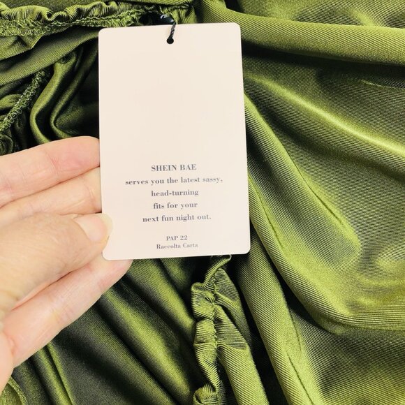 Bandeau Ruched Knees Length Dress Olive Green Cocktail Date Night Event Elastic - Picture 6 of 7